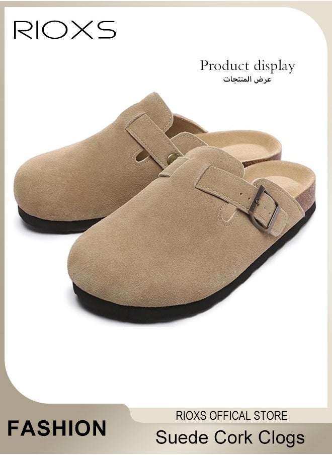 RIOXS - Unisex Suede Clogs,Premium Suede Leather Clogs Sandals For Women And Men,Anti-Slip Flat Mules,Classic Slip-On Closed Toe Slippers,Clogs With  Arch Support And Adjustable Buckle,Casual Clogs For Indoors Outdoor Activities - Image 1