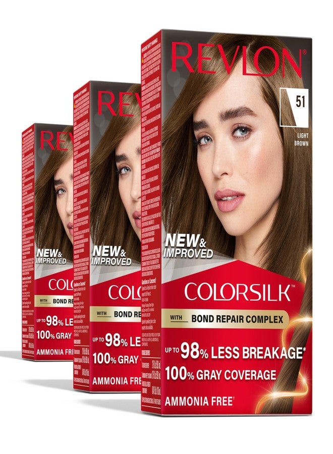 Revlon ريفلون كولور سيلك مع مركب إصلاح الروابط، لون شعر بني دائم، تغطية 100% للشيب، صبغة شعر خالية من الأمونيا، كيراتين نباتي، 51 بني فاتح (عبوة من 3) - Image 1