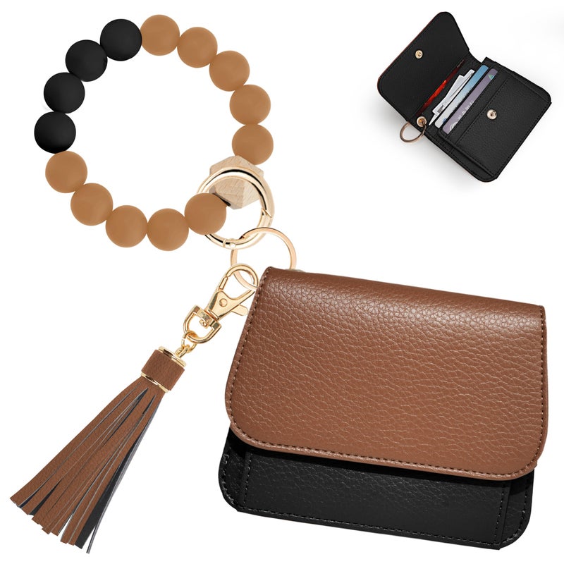 Sunpour Keychain Wallet RFID Wristlet Wallets for Women,Small Wallets Woman Key Chain Wallet with Coin Pocket and Id Window (Brownï¼†Black) - Image 1