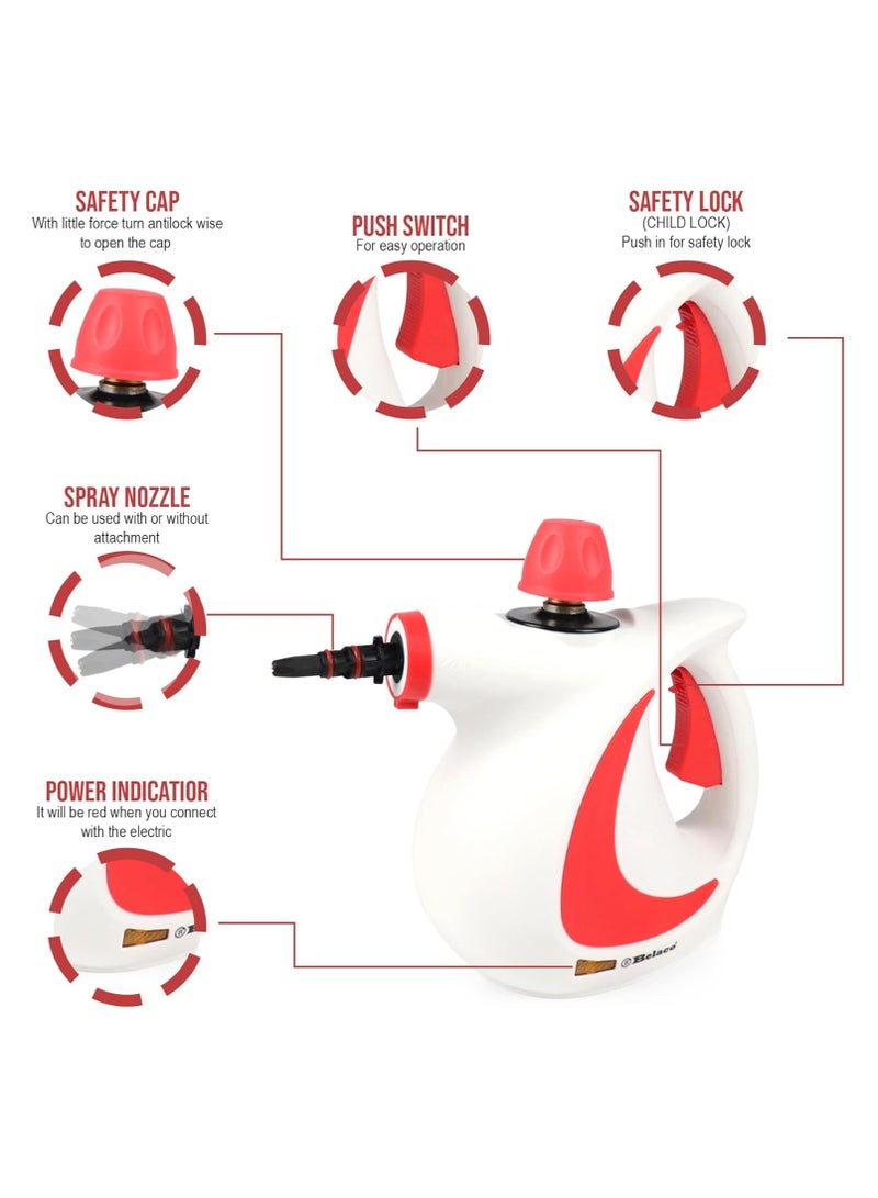 عام تنظيف بخاري متعدد الأغراض بقوة 1050 وات، مكواة محمولة ذات لون أحمر، مناسبة لإزالة البقع، ولتنظيف البلاط والأثاث المطبخي والحمام والملابس ومقاعد السيارة. - Image 3