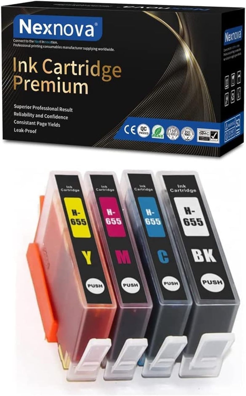 نيكس نوفا خرطوشات نكسنوفا® لمجموعة أحبار HP 655 (عبوة تحتوي على 4 خرطوشات: أسود، أزرق، ماجنتا، أصفر)، متوافقة مع طرازات الطابعات CZ109AE، CZ110AE، CZ111AE، CZ112AE، ومناسبة لطابعات Deskjet Ink Advantage 3525، 4615، 4625، 5525، 6520، 6525. - Image 1