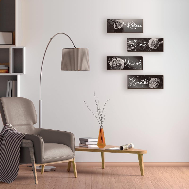 ZINYAZHE 4Pcs Black White Bathroom Decor White Rose Wall Decor Wooden Black And White Bathroom Accessories with Relax Soak Unwind Breathe Wall Art For Women Bedroom Living Room Home Decor(White 10 X 4 Inch) - Image 2