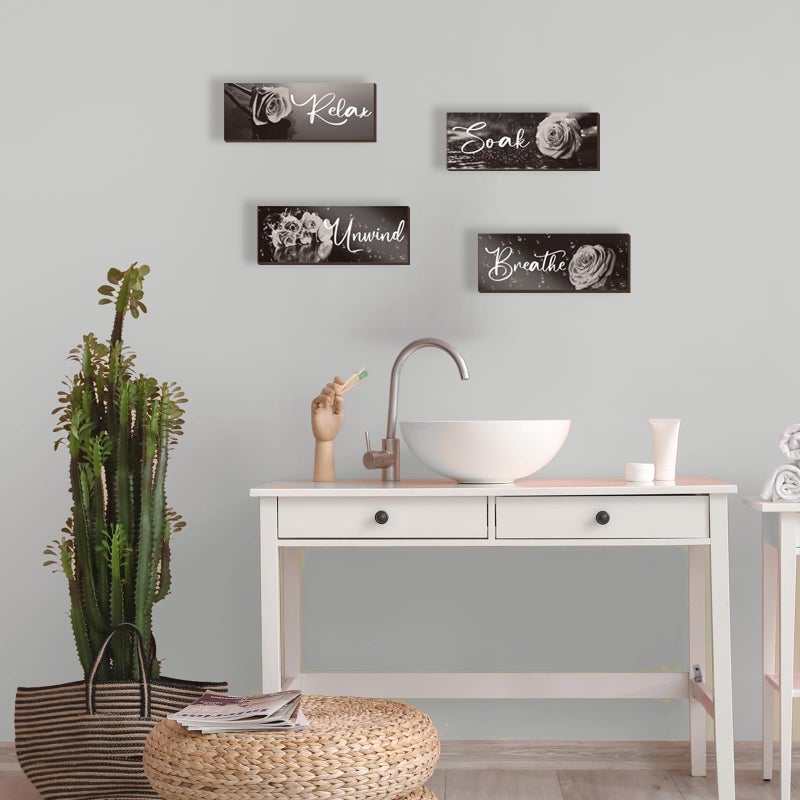 ZINYAZHE 4Pcs Black White Bathroom Decor White Rose Wall Decor Wooden Black And White Bathroom Accessories with Relax Soak Unwind Breathe Wall Art For Women Bedroom Living Room Home Decor(White 10 X 4 Inch) - Image 4