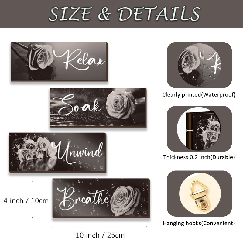 ZINYAZHE 4Pcs Black White Bathroom Decor White Rose Wall Decor Wooden Black And White Bathroom Accessories with Relax Soak Unwind Breathe Wall Art For Women Bedroom Living Room Home Decor(White 10 X 4 Inch) - Image 3