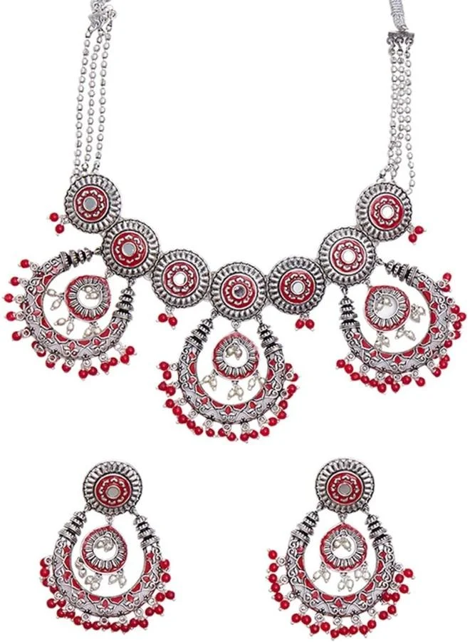 فويلا طقم مجوهرات نحاسي عتيق مزين بالمينا بدون أحجار كريمة مقاس واحد