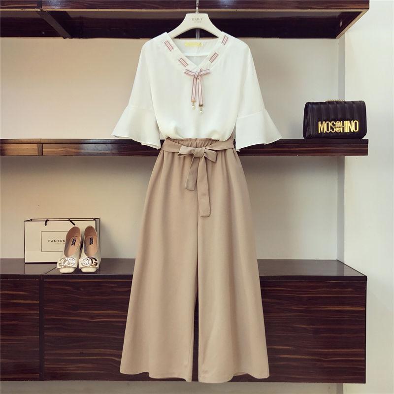 2024 Summer Petite Slimming Chic Ladies Two-Piece Chiffon Palazzo Set apricot [jacket pants]] 