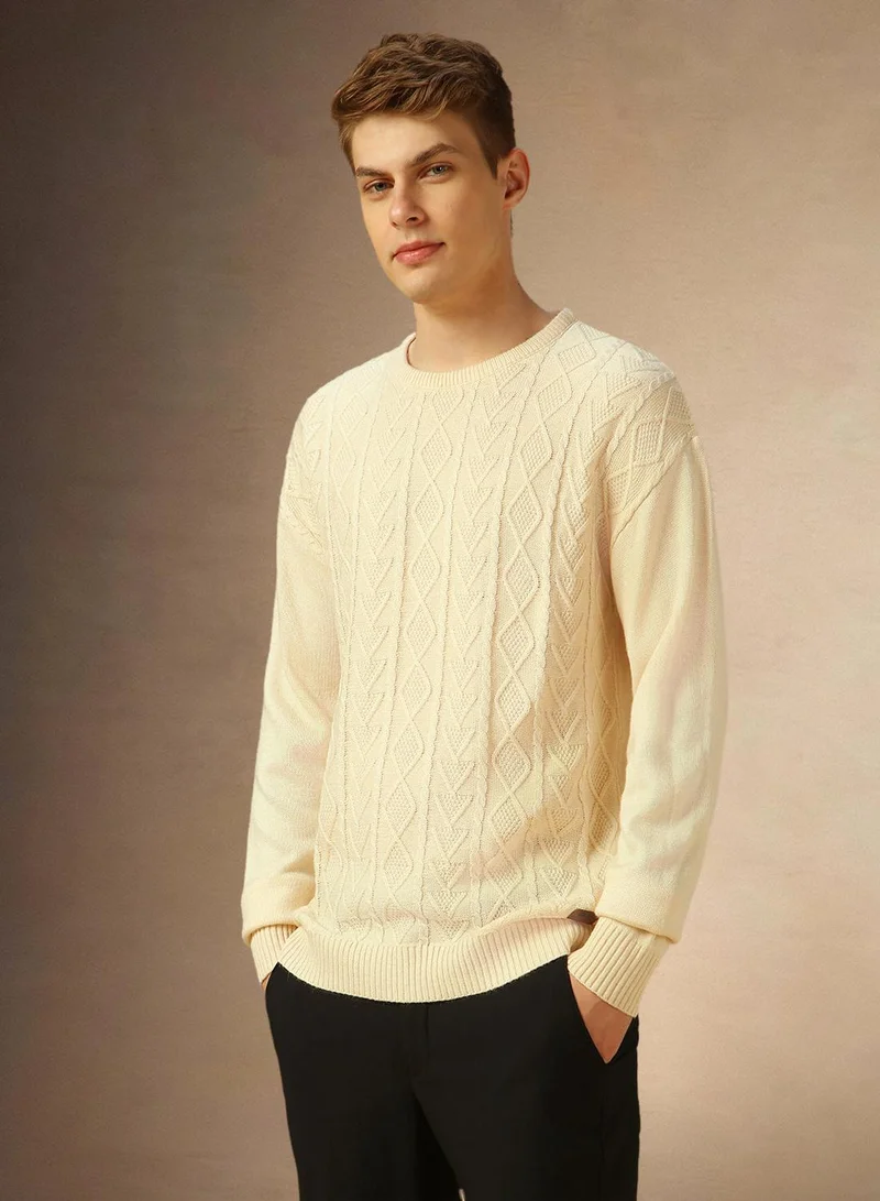 Dennis Lingo Men's Off White 100% Acrylic Solid Regular Fit Sweater