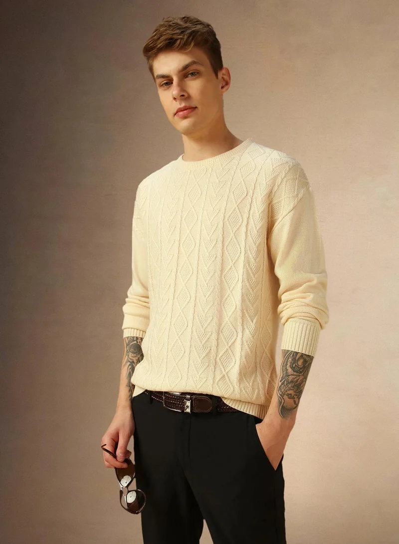 Men's Off White 100% Acrylic Solid Regular Fit Sweater