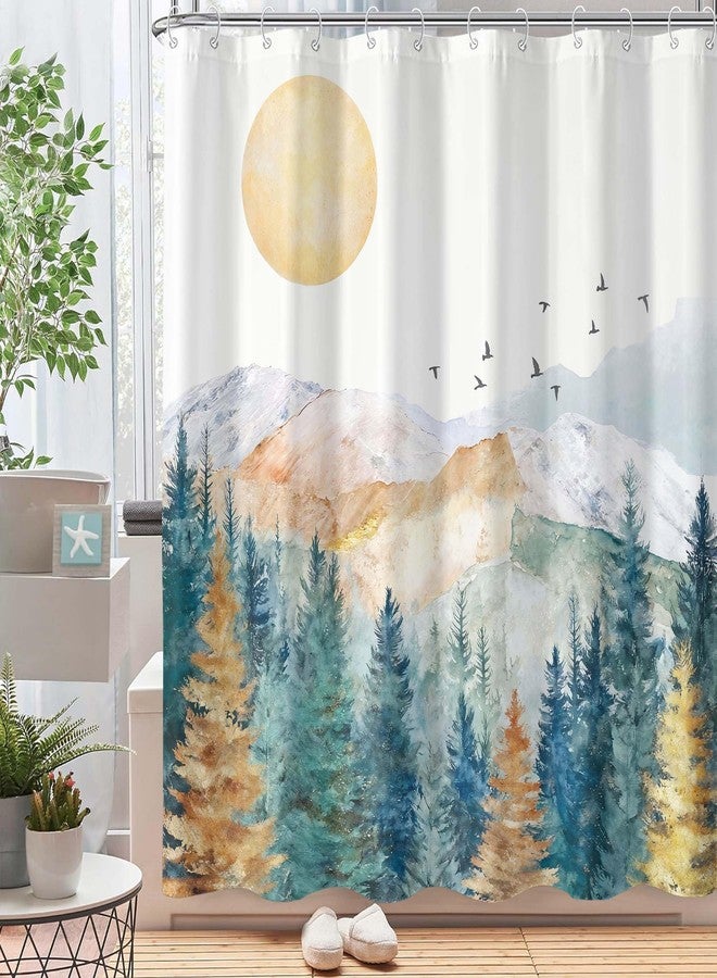 Yeoiat Abstract Mountain Shower Curtain Art Watercolor Landscape Shower Curtains for Bathroom Classy Shower Curtain Set with 12 Hooks 72×72 Inches. - Image 2