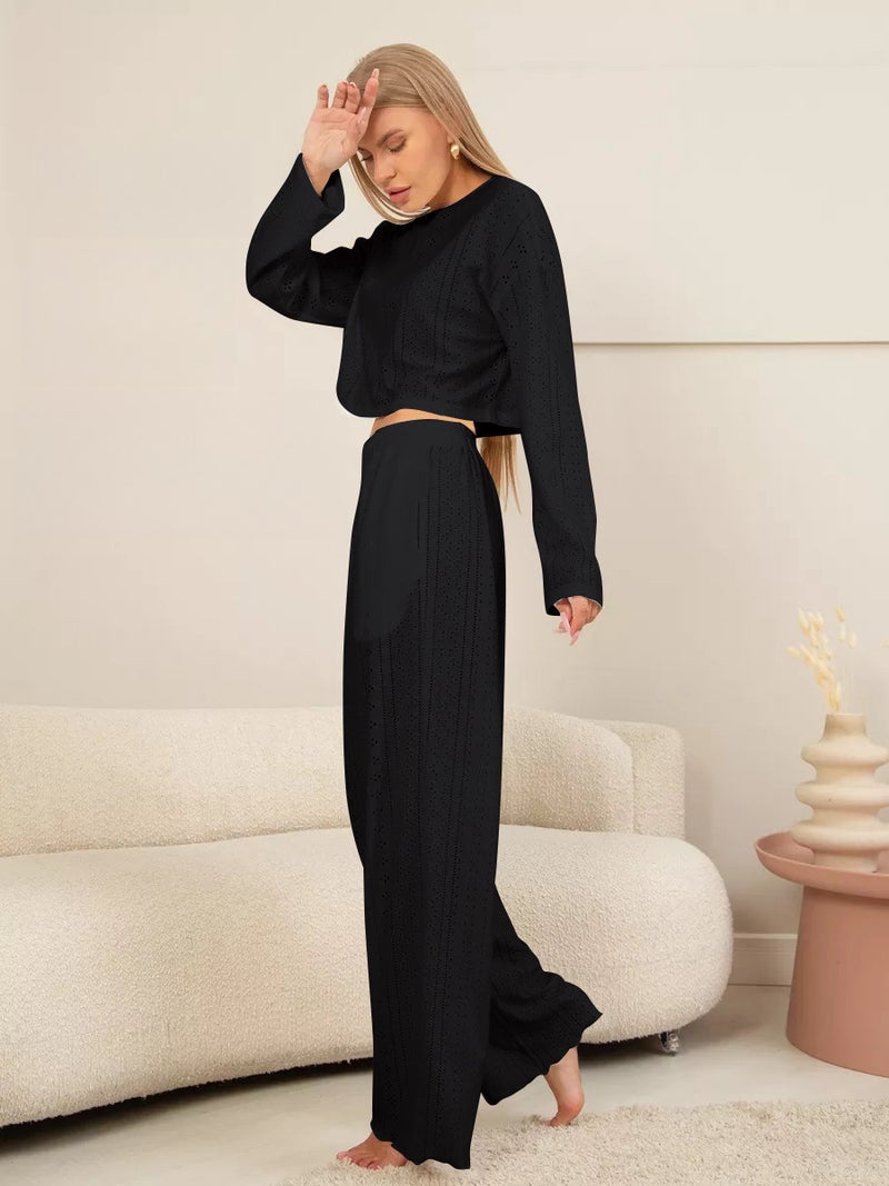 Women's Hollow Jacquard Pajama Set Long Sleeve Top and Long Pants Comfortable Loungewear