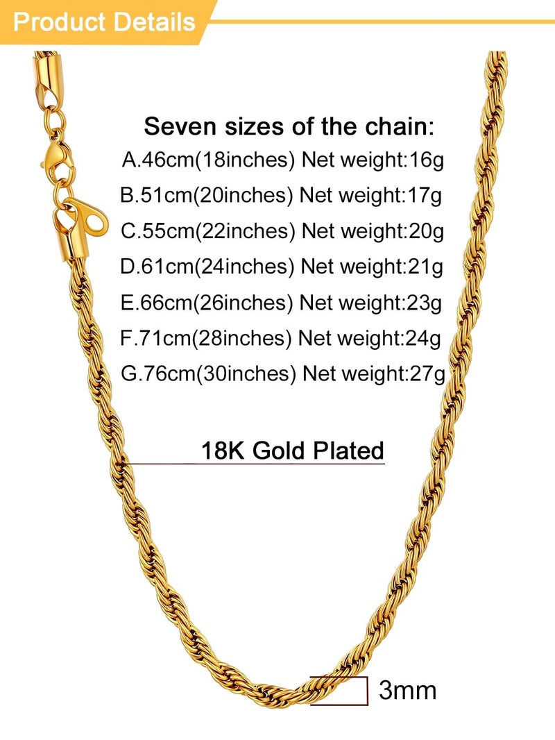 U7 Gold Rope Chain for Men Womens Stainless Steel 18k Gold Plated 3mm Braided Twisted Rope Chain Replacement Necklace 22" - Image 4
