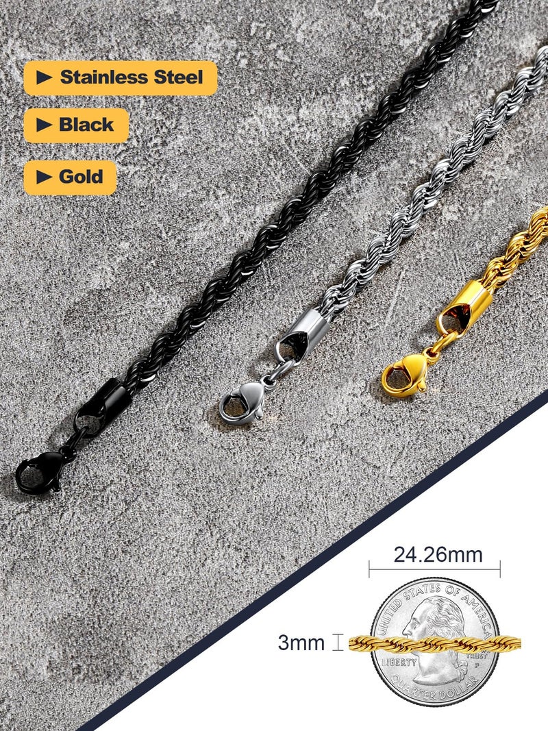 U7 Gold Rope Chain for Men Womens Stainless Steel 18k Gold Plated 3mm Braided Twisted Rope Chain Replacement Necklace 22" - Image 5