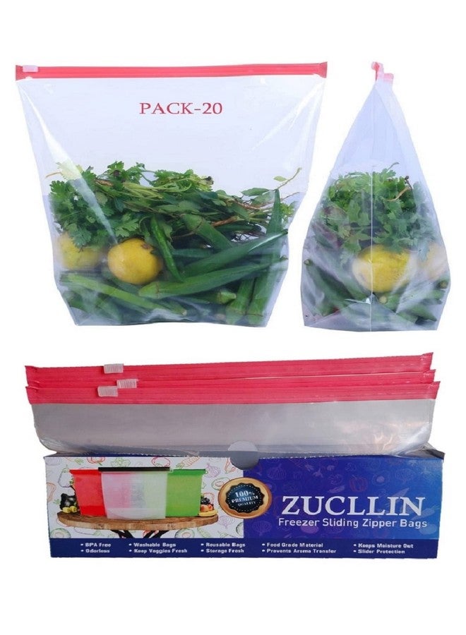 Vonity Pack Of 20 Ziplock Pouch Veg Bag, Reuseble Bag Safe For Freezer, Transparent & Bpa Free, Ziplock Plastic Bags For Fridge Food Storage, Multi-purpose Bag, Fridge Zipper Pouches (Pink (M-4933. - Image 1