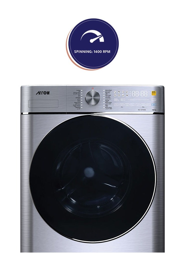 Arrow 10KG Fully Automatic Washing Machine + DRYER , 6KG Dry Capacity, 1400rpm Max. Spin Speed, 140° Door Open Angle, Silver Color | Model Name: RO-10FWMS  - Image 2