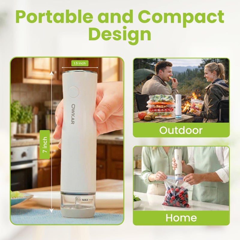 OWKAR Portable Handheld Vacuum Sealer for Food with 32 Reusable Bags, Compact & Powerful Food Vacuum Sealer with Visible Water Tank, Display Indicator and 6X Freshness Lock for Meal Prep & Storage - Image 4