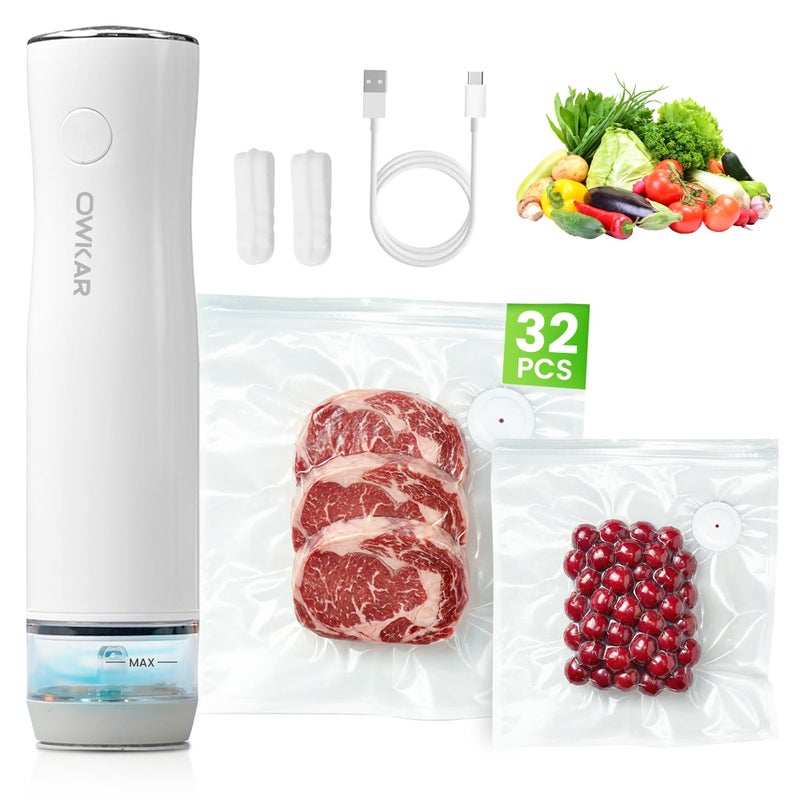 OWKAR Portable Handheld Vacuum Sealer for Food with 32 Reusable Bags, Compact & Powerful Food Vacuum Sealer with Visible Water Tank, Display Indicator and 6X Freshness Lock for Meal Prep & Storage - Image 1