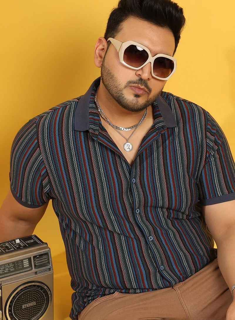 Instafab Plus Instafab Plus Men's Multicolour Contrast Knitted Shirt For Casual Wear | Spread Collar | Short Sleeve | Button Closure | Cotton Shirts Crafted With Comfort Fit For Everyday Wear