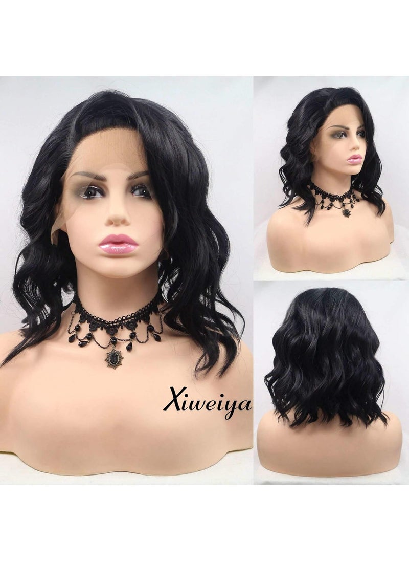 Xiweiya Xiweiya Short Black Curly Wave Mix Color Wig Side Part Synthetic Lace Front Wigs Short Black Soft Wig Hair Replacement Wig for Women Drag Queen Makeup 14 inch 