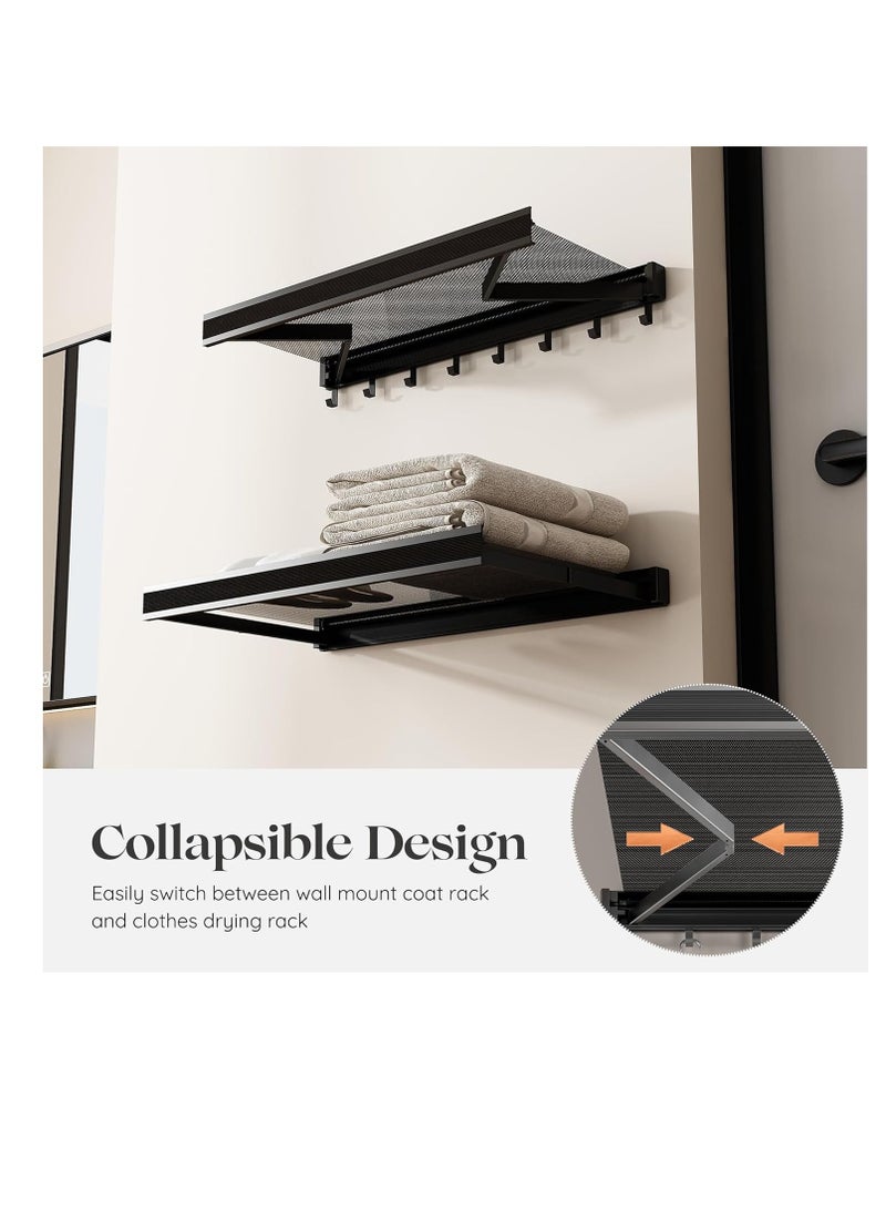 CityRiya-Long Wall Mounted Clothes Drying Rack,Laundry Drying Rack Collapsible,with Net Retractable Foldable Clothes Drying Rack Laundry Drying Rack Lay Flat to Dry Thickened Aluminum Collapsible Rack for Shoes Socks Underwear No Punching Required,60cm Wide Space Aluminum Foldable Hanging Coat Rack With 8 Towel Hooks(black) ﻿ - Image 3