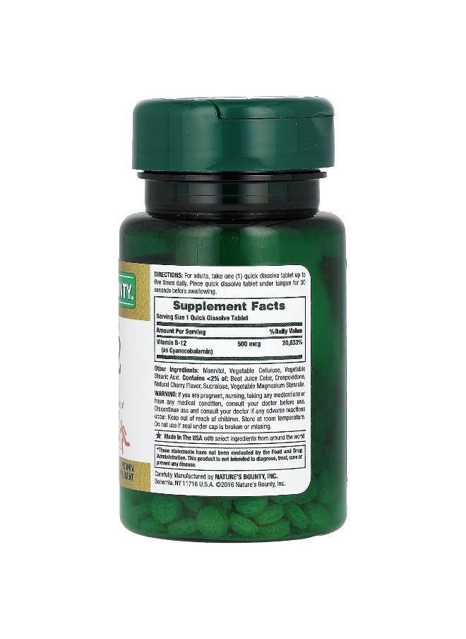 NATURE'S BOUNTY - Nature's Bounty, Vitamin B-12, Natural Cherry, 500 mcg, 100 Quick Dissolve Tablets - Image 1