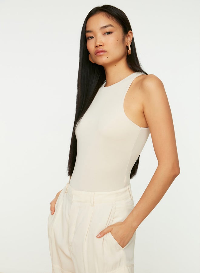 trendyol Stone Halter Neck Body-Sit Flexible Knitted Bodysuit with Snaps at the Bottom  - Image 3