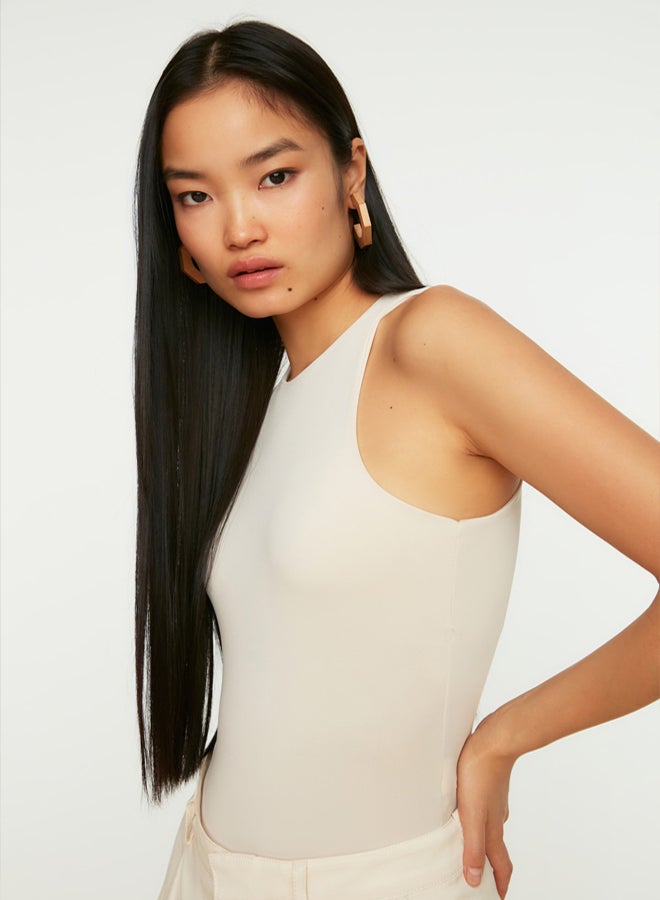trendyol Stone Halter Neck Body-Sit Flexible Knitted Bodysuit with Snaps at the Bottom  - Image 2
