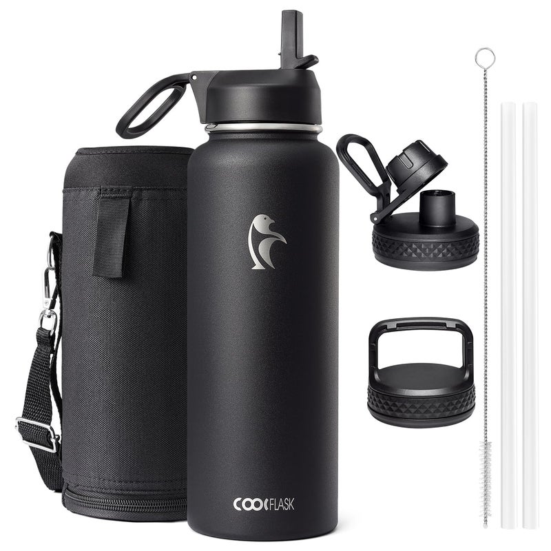 Coolflask 1180ml Insulated Water Bottle with Straw  3 Lids Metal Water Bottle for Sports or Office Double Vacuum Leak Proof Cold and Hot Water Bottle Easy to Clean Black