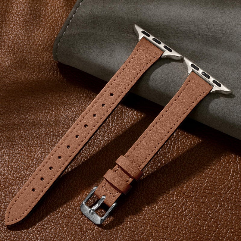 Charlam Compatible with Apple Watch Bands for Women 41mm 40mm 38mm 42mm 44mm 45mm 46mm, Top Grain Soft Leather Bands Slim Wristband for iWatch SE, iWatch Series 11 10 9 8 7 6 5 4 3 2 1,Brown/Starlight - Image 5
