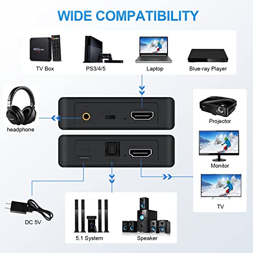 Newcare HDMI Audio Extractor, 4K @ 60Hz HDMI to HDMI + Optical Toslink SPDIF + 3.5 mm Audio Output, HDMI Audio Converter Adapter Embedder Support 1080P 3D for Fire Stick, Xbox Laptop - Image 4