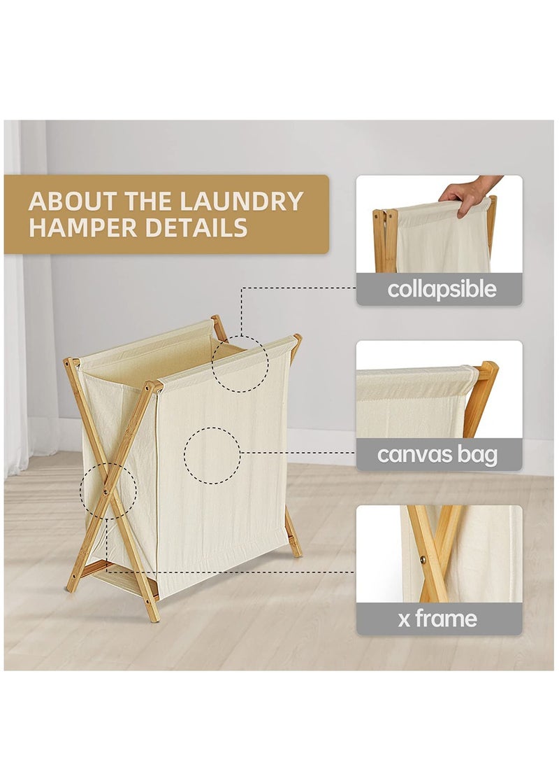 Laundry Hamper, Folding Laundry Basket with Removable Liner Bag, Bamboo Laundry Organizer for Household(Beige)