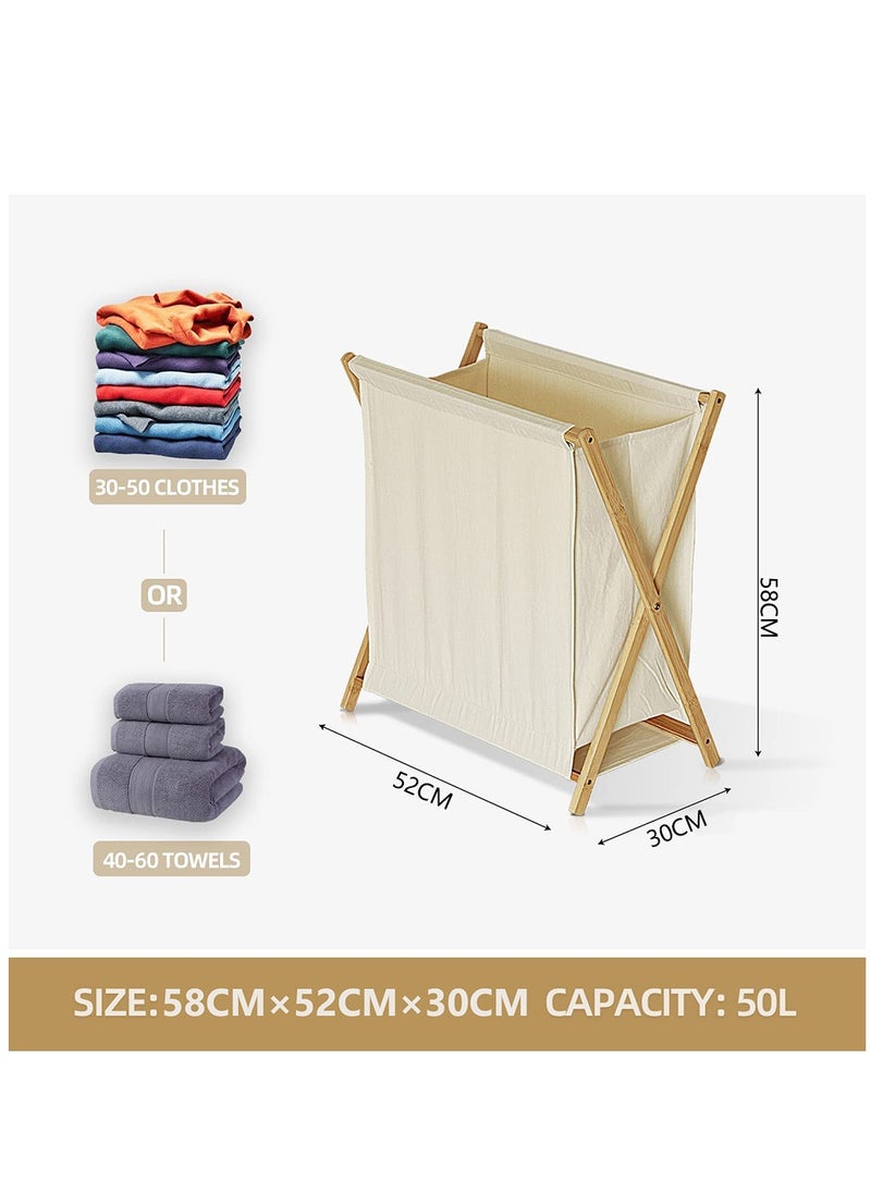 Laundry Hamper, Folding Laundry Basket with Removable Liner Bag, Bamboo Laundry Organizer for Household(Beige)