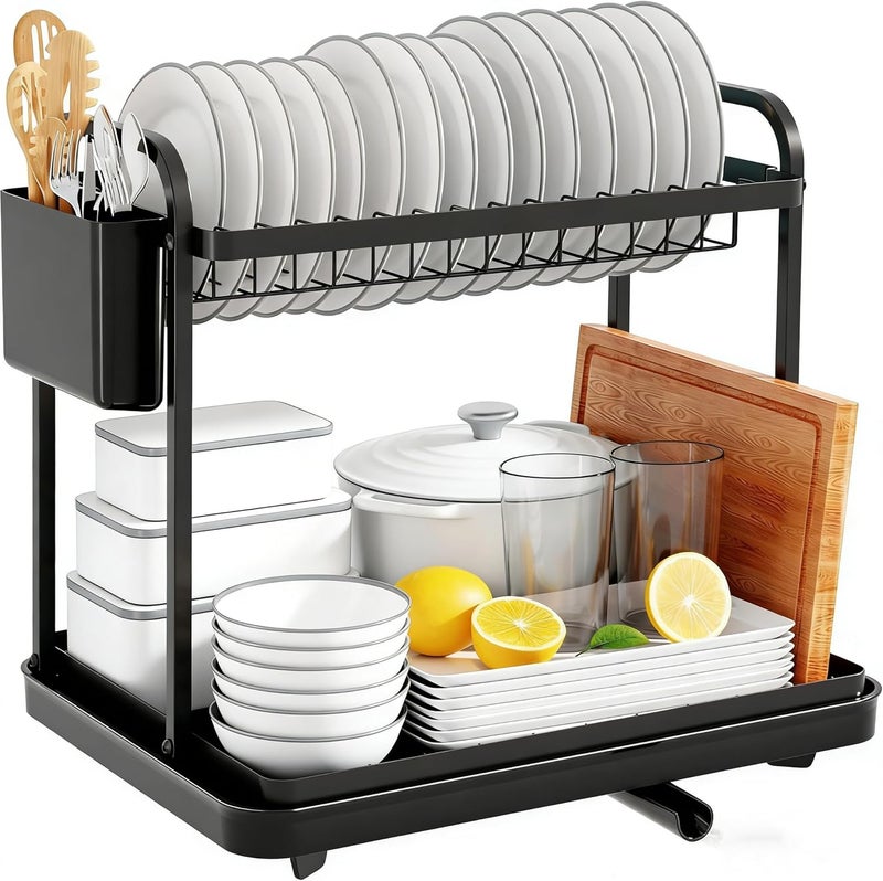 NIUB Dish Drying Rack, 2 Tier Dish Rack Dish Drying Stand with Utensil Holder & Drainboard Tray & Cutting Board Holder, Large Capacity Dish Drainer Collapsible Rust-Resistant Dish Rack (2 Tier) - Image 1