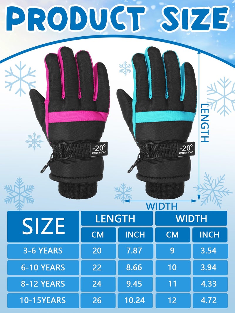 SATINIOR 2 Pairs Kids Waterproof Winter Snow Gloves Ski Gloves for Boy Girl Outdoor Warm Thickening Snowboard(Cyan, Rosarot,10-15 Years) - Image 3
