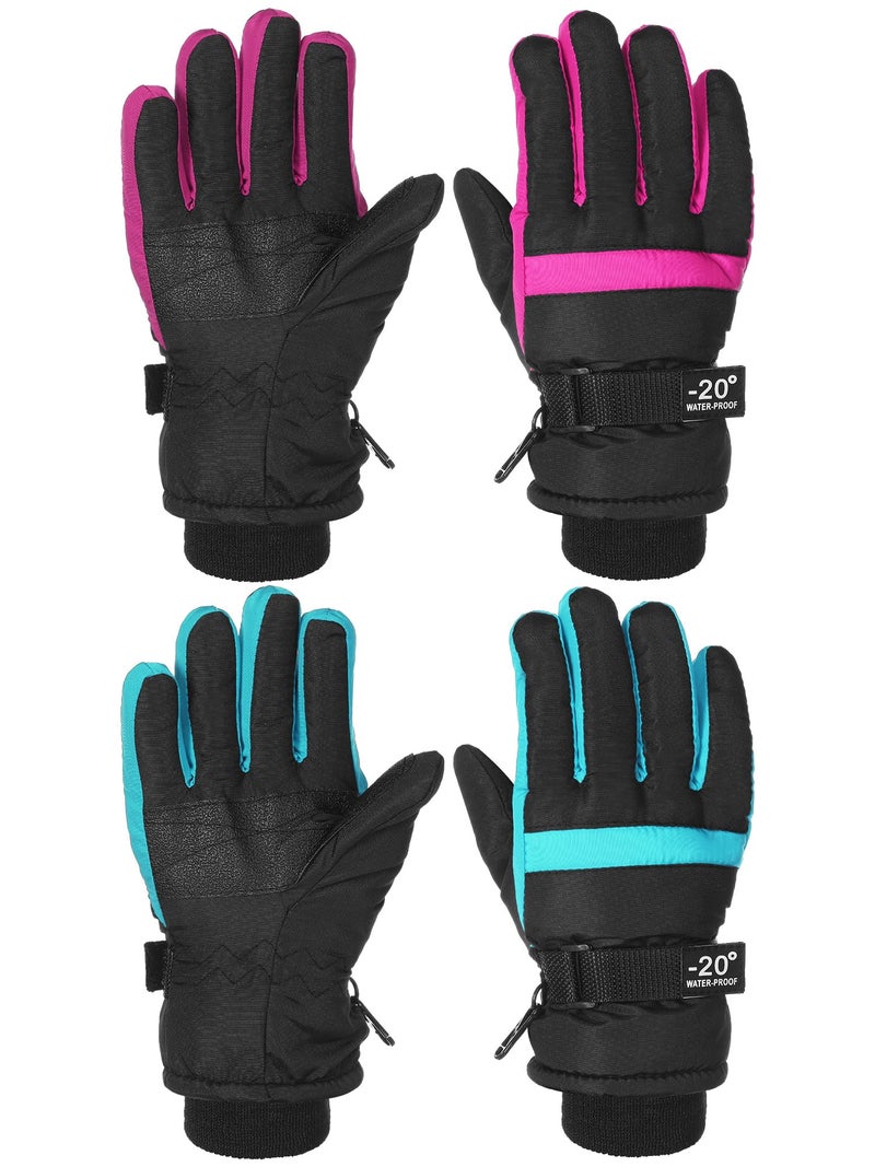 SATINIOR 2 Pairs Kids Waterproof Winter Snow Gloves Ski Gloves for Boy Girl Outdoor Warm Thickening Snowboard(Cyan, Rosarot,10-15 Years) - Image 1