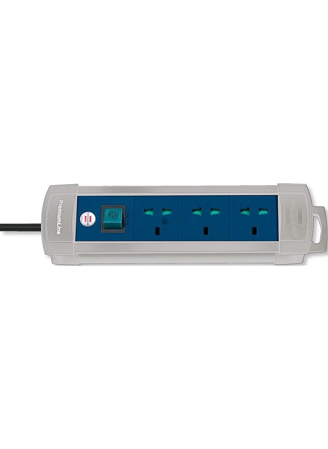 Brennenstuhl Brennenstuhl Premium-Line Multistandard, 3-way extension lead with 3m BS extension cable, sockets are suitable for BS, U.S. and EURO plugs, Made in Germany, grey/blue  - Image 1