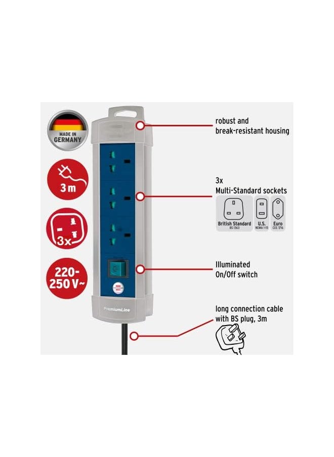 Brennenstuhl Brennenstuhl Premium-Line Multistandard, 3-way extension lead with 3m BS extension cable, sockets are suitable for BS, U.S. and EURO plugs, Made in Germany, grey/blue  - Image 2