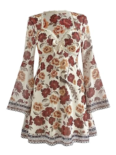 BEAUDRM Women's Y2k Plus Size Hippie Vintage Boho Dress Leopard Bell Long Sleeve V Neck Bow Mesh Goth Mini Dresses Multi Flower 3X-Large Plus - Image 1