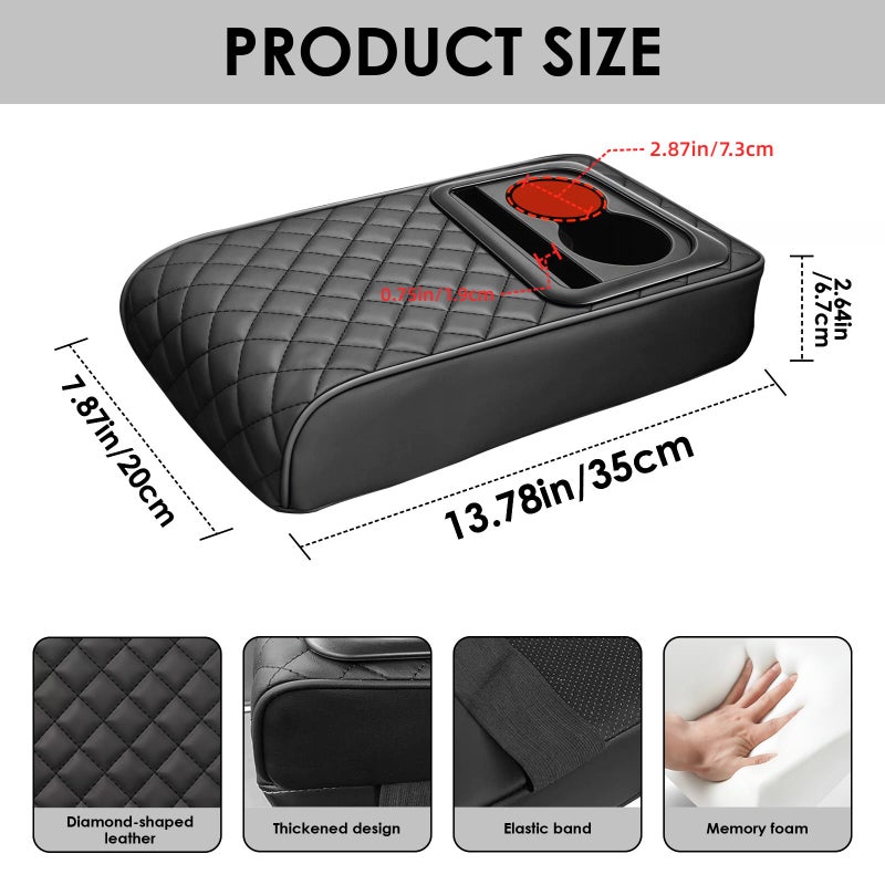 Amzauto Car Center Console Cover  Leather Car Armrest Cover With Cup Holder  Phone Slot  Waterproof Arm Rest Protector Cushion Automotive Accessories (Black) - Image 2