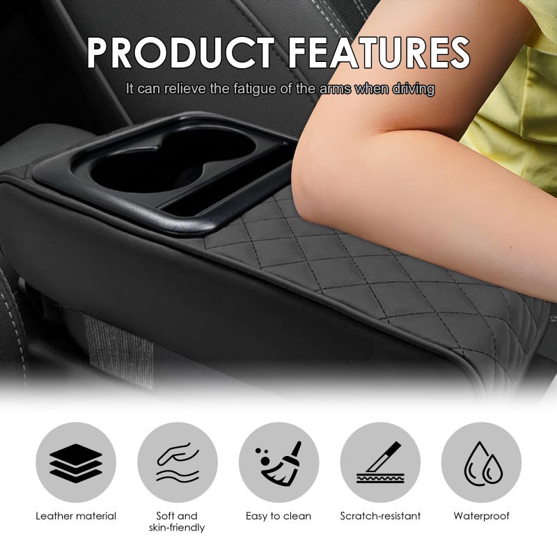 Amzauto Car Center Console Cover  Leather Car Armrest Cover With Cup Holder  Phone Slot  Waterproof Arm Rest Protector Cushion Automotive Accessories (Black) - Image 3