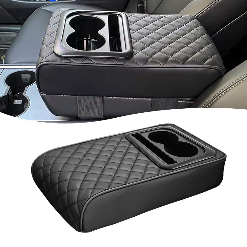 Amzauto Car Center Console Cover  Leather Car Armrest Cover With Cup Holder  Phone Slot  Waterproof Arm Rest Protector Cushion Automotive Accessories (Black) - Image 1