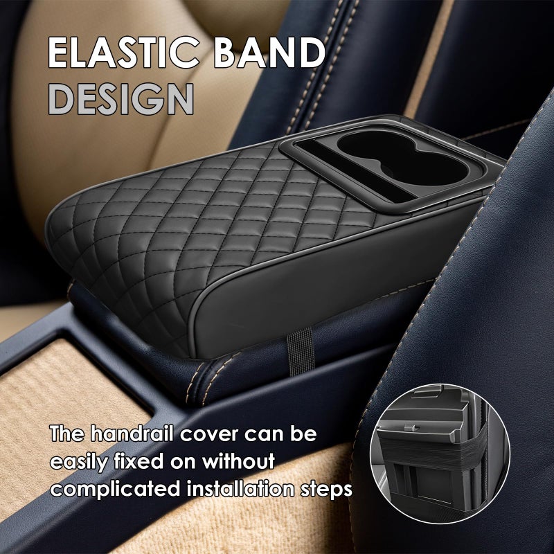 Amzauto Car Center Console Cover  Leather Car Armrest Cover With Cup Holder  Phone Slot  Waterproof Arm Rest Protector Cushion Automotive Accessories (Black) - Image 5