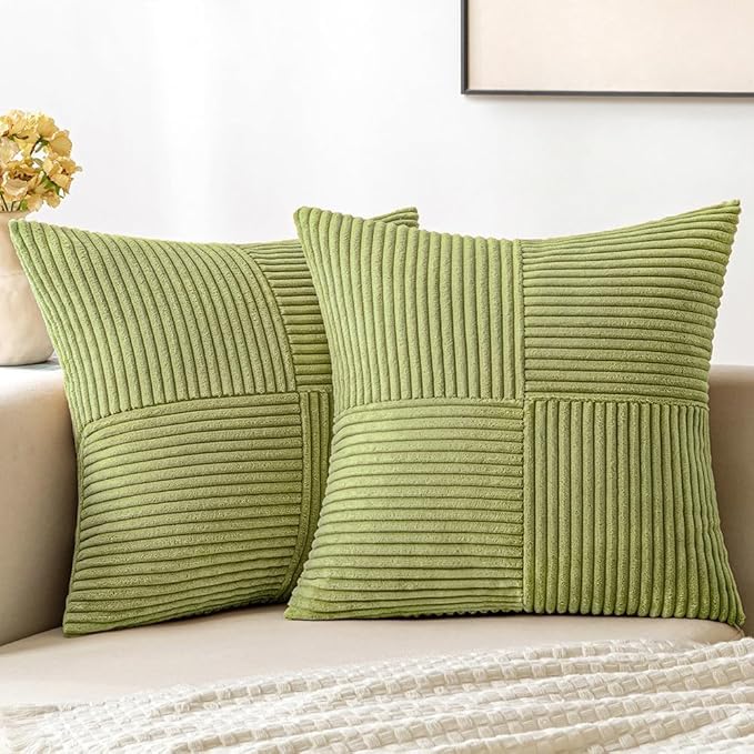 Guffaw Corduroy Pillow Covers Boho Decorative Spliced Throw Pillow Covers Soft Solid Couch Pillowcases Cross Patchwork Cushion Covers for Living Room Bed Sofa 16x16 inch (1, Green[Mehndi]) - Image 1
