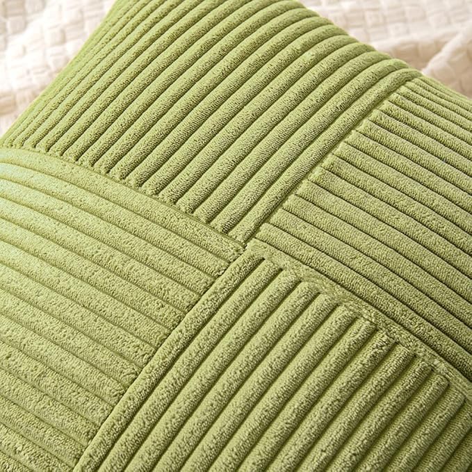 Guffaw Corduroy Pillow Covers Boho Decorative Spliced Throw Pillow Covers Soft Solid Couch Pillowcases Cross Patchwork Cushion Covers for Living Room Bed Sofa 16x16 inch (1, Green[Mehndi]) - Image 2
