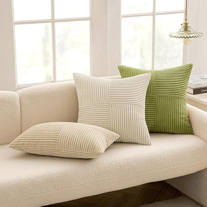 Guffaw Corduroy Pillow Covers Boho Decorative Spliced Throw Pillow Covers Soft Solid Couch Pillowcases Cross Patchwork Cushion Covers for Living Room Bed Sofa 16x16 inch (1, Green[Mehndi]) - Image 5