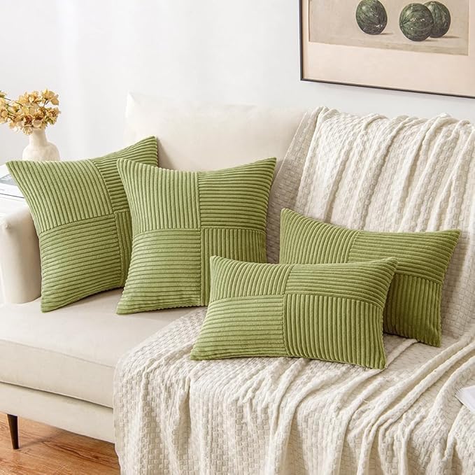 Guffaw Corduroy Pillow Covers Boho Decorative Spliced Throw Pillow Covers Soft Solid Couch Pillowcases Cross Patchwork Cushion Covers for Living Room Bed Sofa 16x16 inch (1, Green[Mehndi]) - Image 4
