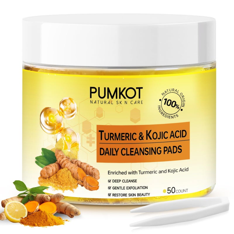 Pumkot وسادات تنظيف كركم وحمض كوجيك، وسادات فرك الوجه بالكركم مدعمة بحمض كوجيك، 50 قطعة - Image 1