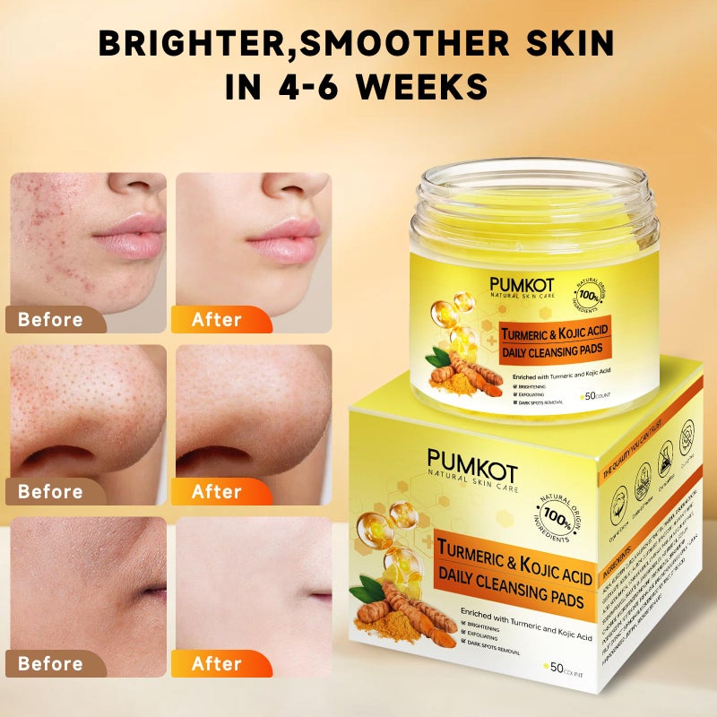 Pumkot وسادات تنظيف كركم وحمض كوجيك، وسادات فرك الوجه بالكركم مدعمة بحمض كوجيك، 50 قطعة - Image 5
