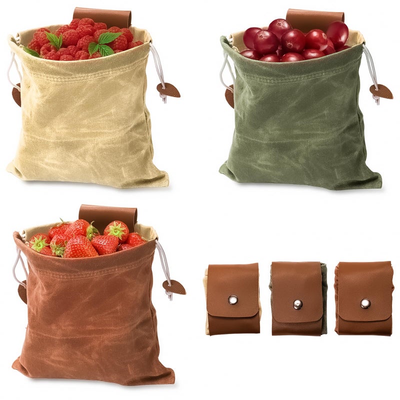 Mezchi 3 Pack Mushroom Foraging Bag, Collapsible Waxed Canvas Bag, Leather Foraging Pouch Basket for Camping, Hiking Hunting, Grocery Storage, 3 Colors - Image 1