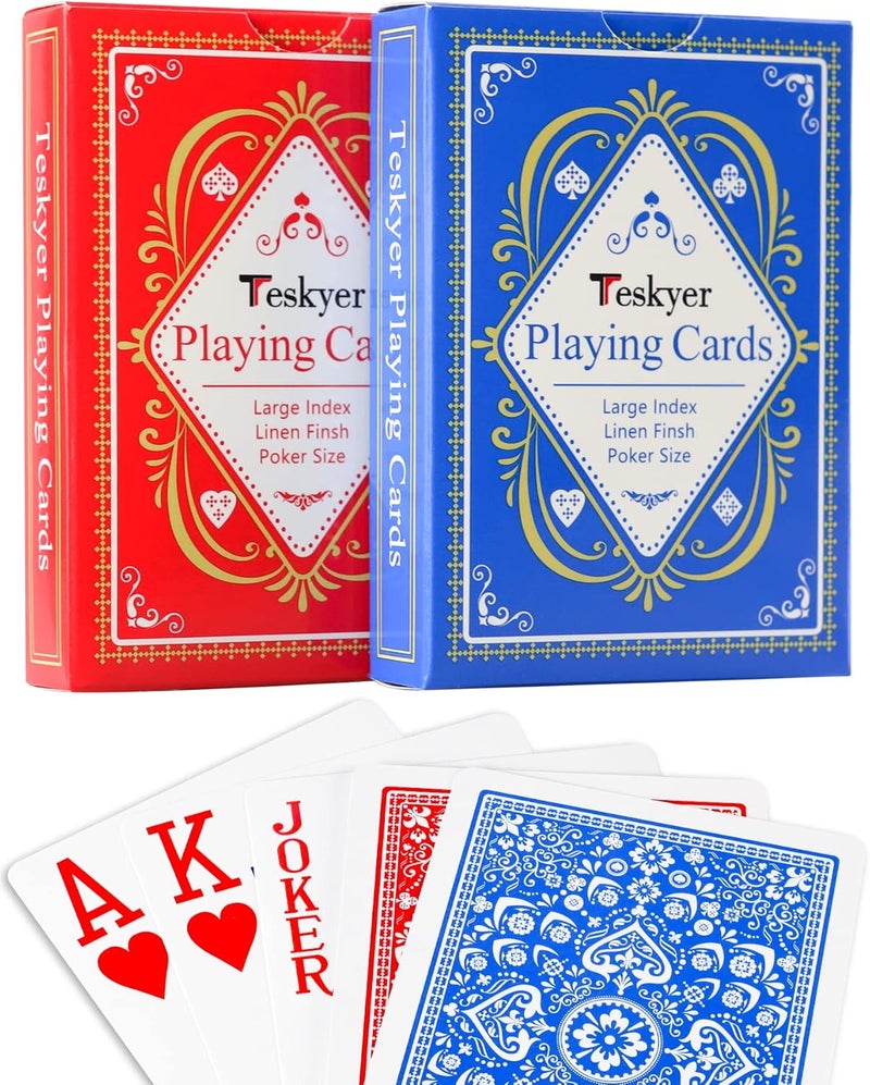 Teskyer 2 Pack Large Print Playing Cards, Poker Size Large Index Deck of Cards, Linen Finish for Seniors & Low Vision, Family Game Night Essential (Pattern B) - Image 1