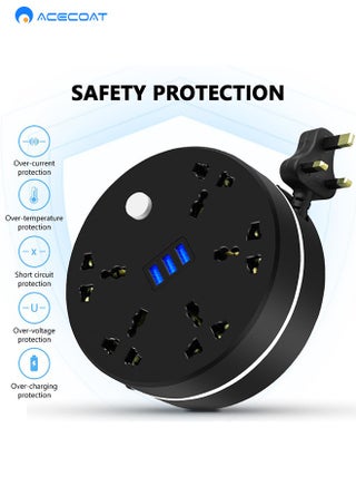 Power Strip, 5 Outlets and 3 USB Ports 2m Extension Cord, Round Socket Overload Surge Protector, 100% Copper Core, Mini Plug Charging Station, Compact for Office, Home, Travel (Black) - view 4